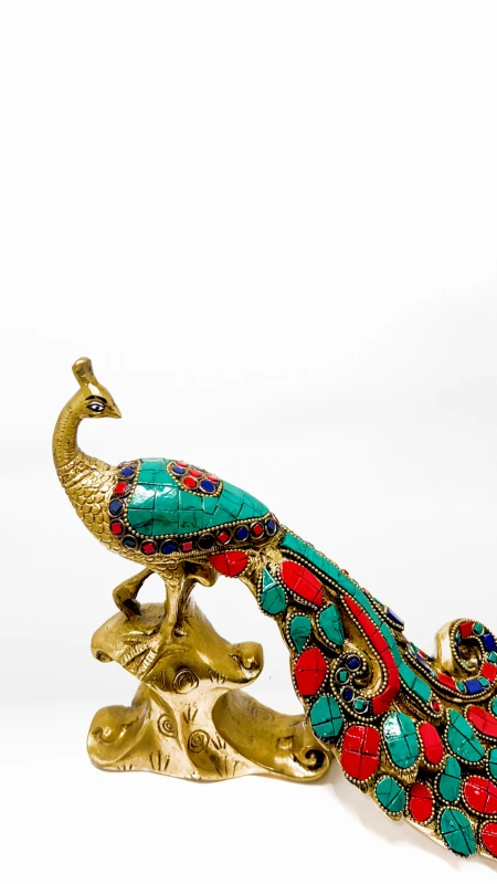Brass Peacock Statue with Glass Inlay | Handcrafted Collectible Showpiece