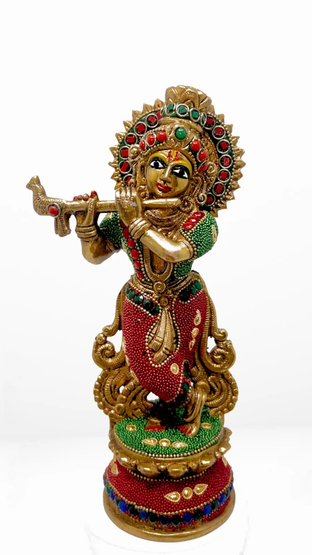 Brass Krishna Statue with Glass Inlay | Flute-Playing Handcrafted Idol
